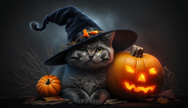 Eine Katze mit Hexenhut sitzt neben einem Kürbis mit einem Halloween-Kürbis auf der linken Seite.