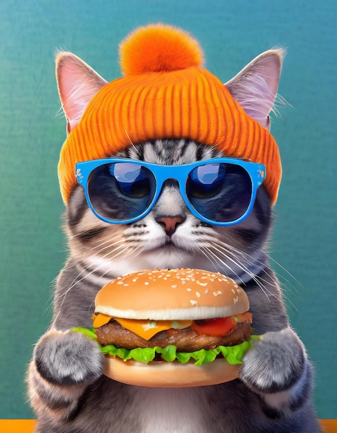 eine Katze mit Hut und Sonnenbrille hält einen Burger mit einem Hamburger drauf