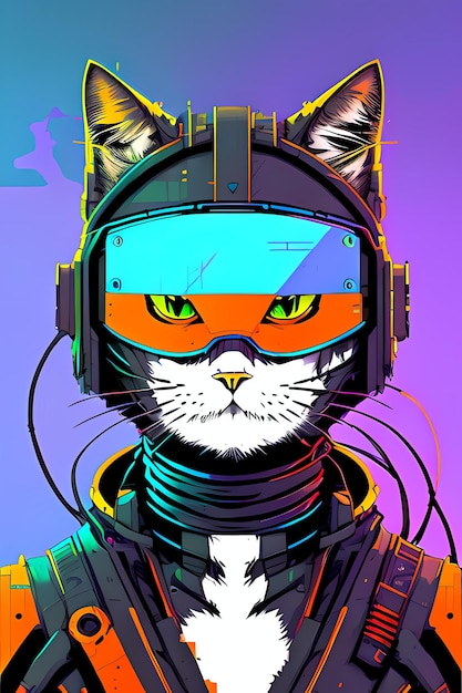 Eine Katze mit Kopfhörern und ein Roboteranzug AI im Anime-Stil