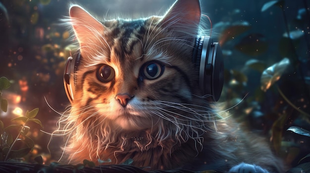 Eine Katze mit Kopfhörern und einer Gitarre im Hintergrund