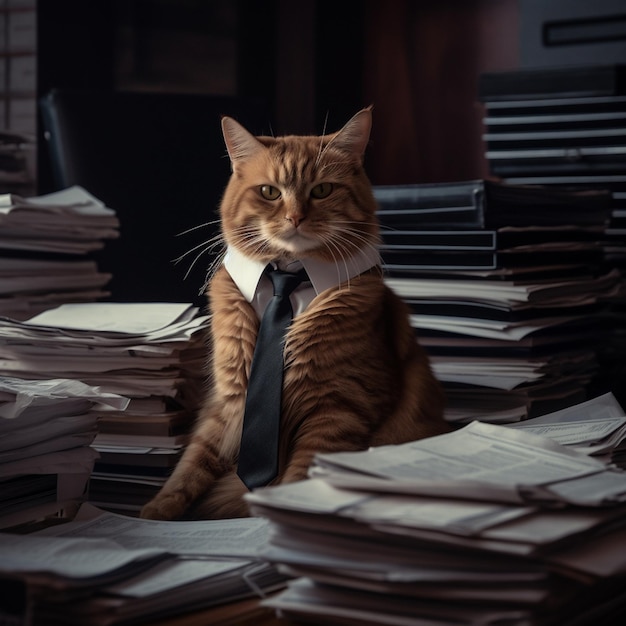 Eine Katze mit Krawatte sitzt mit einem Stapel Papiere in einem unordentlichen Büro.