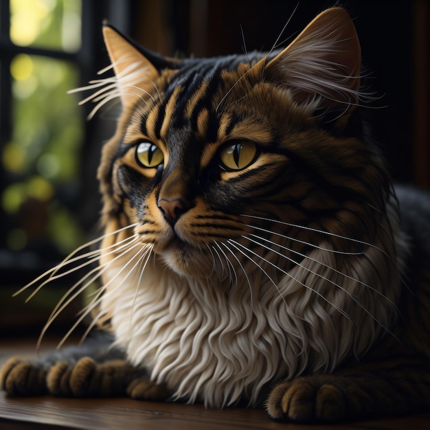 Eine Katze mit langen Schnurrhaaren und langen Schnurrhaaren liegt auf einem Tisch.