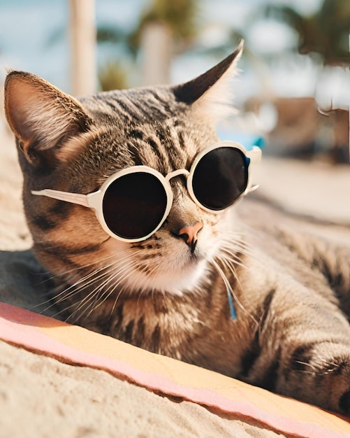 Foto eine katze mit modischen sonnenbrillen liegt auf dem dach und fährt am strand