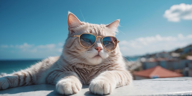 Eine Katze mit modischer Sonnenbrille liegt auf dem Dach