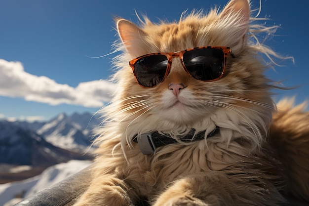 Eine Katze mit modischer Sonnenbrille liegt auf dem Dach.