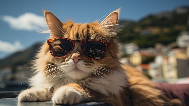 Eine Katze mit modischer Sonnenbrille liegt