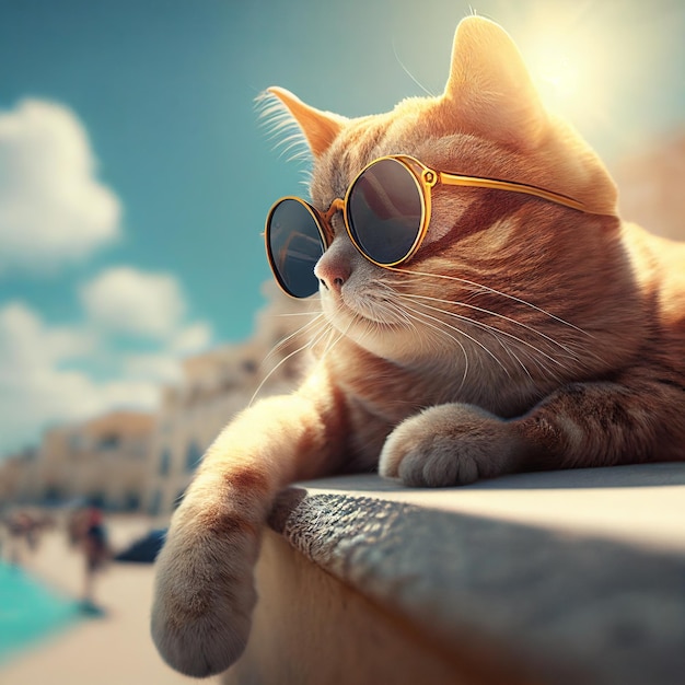 Eine Katze mit modischer Sonnenbrille reist in die Berge Generative KI