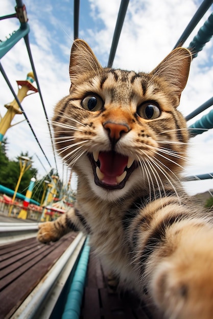 Eine Katze mit offenem Maul und die Kamera zeigt ihre Zähne.