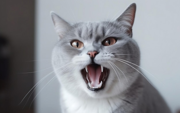 Eine Katze mit offenem Mund und weißem Gesicht auf schwarzem Hintergrund.