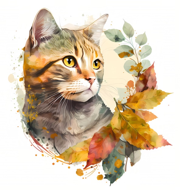 Eine Katze mit orangefarbenen Augen und gelben Augen wird in einem Aquarellbild gezeigt.