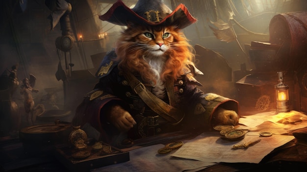 Eine Katze mit Piratenhut sitzt mit anderen Figuren auf einem Tisch.