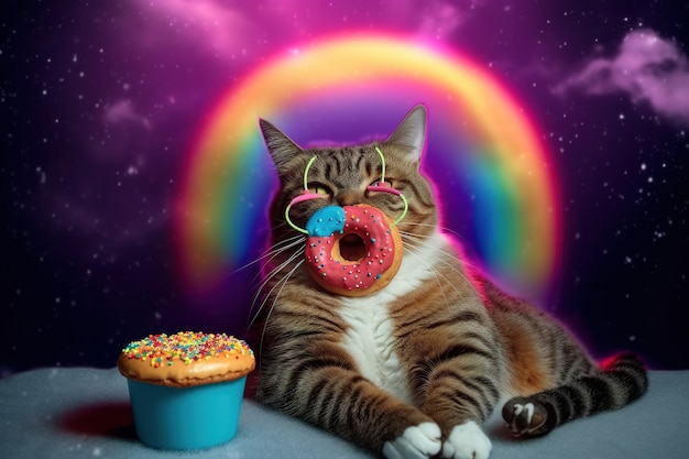 Eine Katze mit Regenbogenbrille sitzt neben einem Cupcake mit einem Regenbogen darauf.