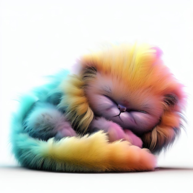 Foto eine katze mit regenbogenfarbenem fell schläft.
