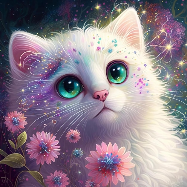 Eine Katze mit regenbogenfarbenen Augen ist von Blumen umgeben.