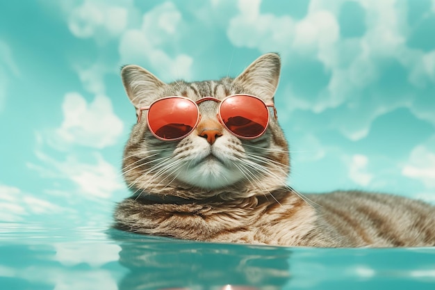 Eine Katze mit roter Sonnenbrille schwimmt in einem Wasserbecken.