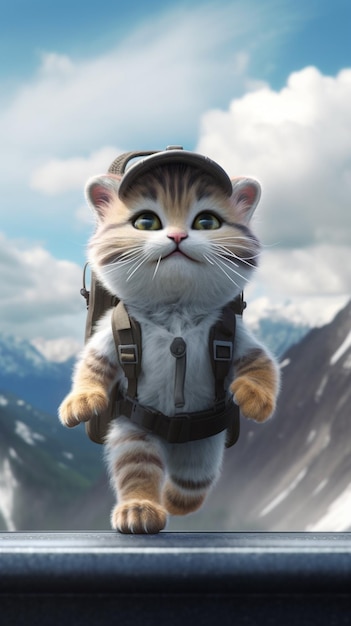 Eine Katze mit Rucksack läuft auf einem Berg.