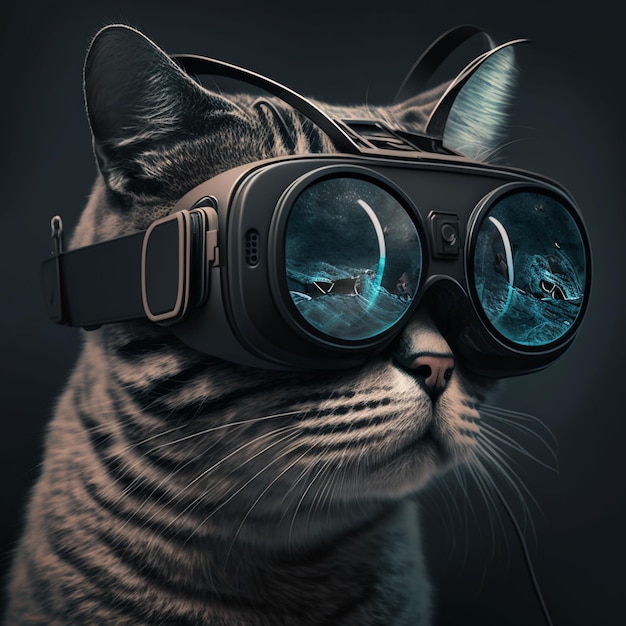 Eine Katze mit Schutzbrille, auf der das Wort steht