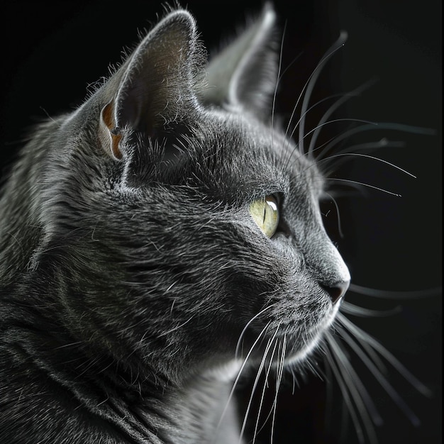 eine Katze mit schwarzem Hintergrund, die Schnurrbart hat