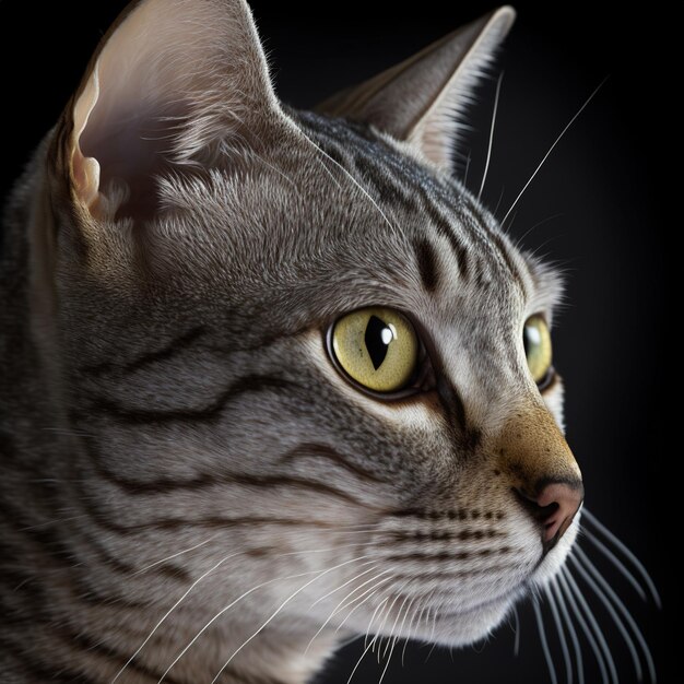Eine Katze mit schwarzem Hintergrund und gelben Augen.