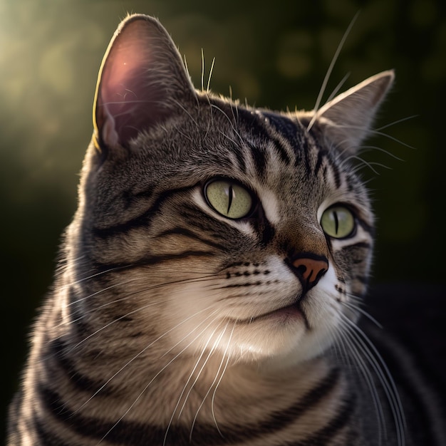 Eine Katze mit schwarzen Streifen und gelben Augen schaut nach oben.