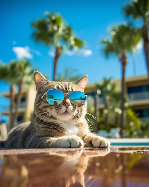 Eine Katze mit Sonnenbrille liegt auf einem Felsvorsprung.