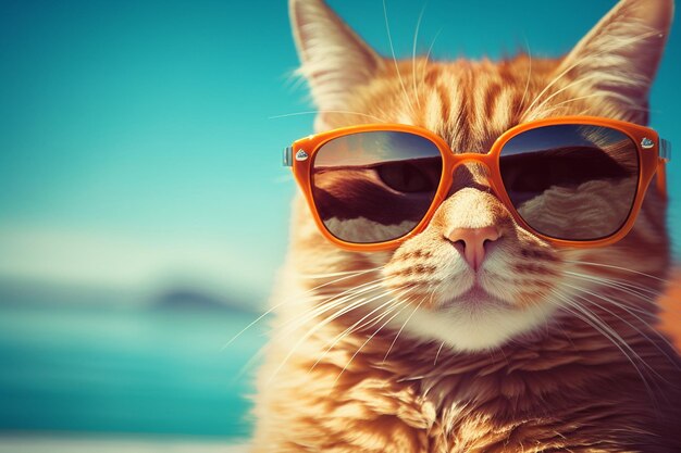 eine Katze mit Sonnenbrille mit der Spiegelung eines Berges im Hintergrund