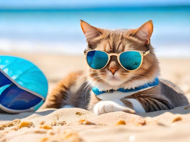 Eine Katze mit Sonnenbrille sitzt am Strand und generiert