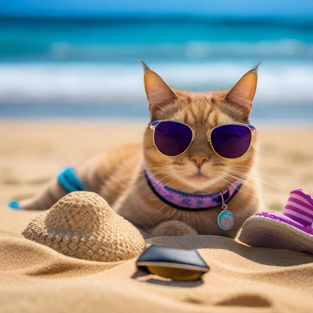 Eine Katze mit Sonnenbrille sitzt am Strand und generiert