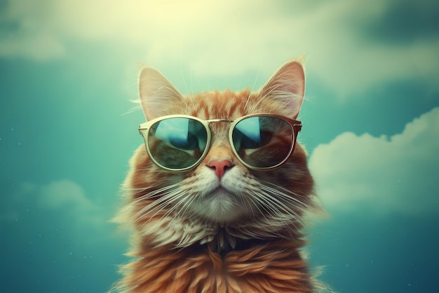 Eine Katze mit Sonnenbrille steht in der Sonne.