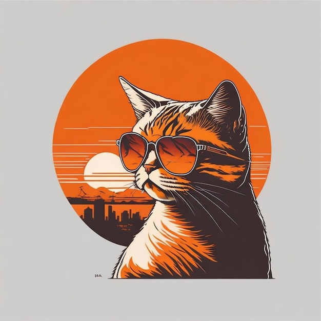 Eine Katze mit Sonnenbrille und ein Sonnenuntergang im Hintergrund.