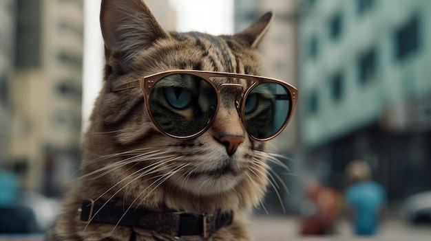 Eine Katze mit Sonnenbrille und einem Halsband mit der Aufschrift „Katze“