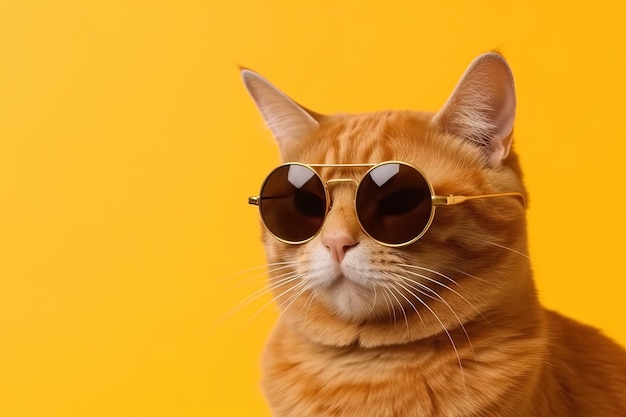 Eine Katze mit Sonnenbrille und gelbem Hintergrund