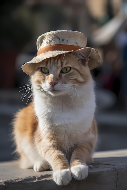 Eine Katze mit Strohhut