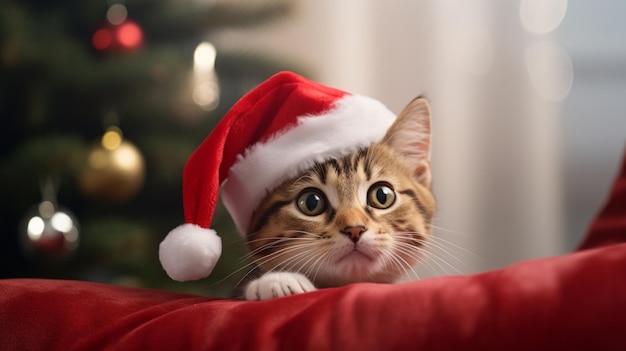 Eine Katze mit Weihnachtsmutters Hut