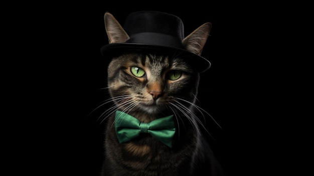 Eine Katze mit Zylinder und Fliege steht vor einem schwarzen Hintergrund mit generativer KI