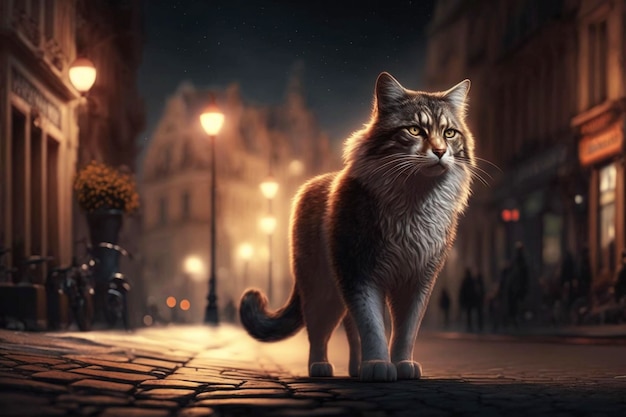 Eine Katze nachts auf einer Straße