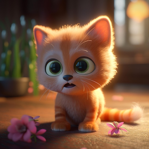 Eine Katze namens Pixar liegt mit Blumen auf dem Boden.