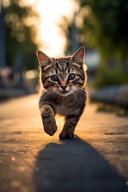 Eine Katze rennt auf einem Bürgersteig in der Sonne