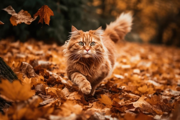 Eine Katze rennt durch die Blätter des Herbstes. Generative KI