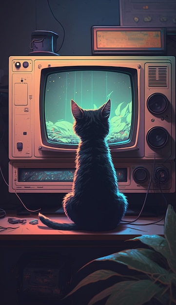 Eine Katze schaut auf einen Fernsehbildschirm, auf dem „Die Katze“ steht