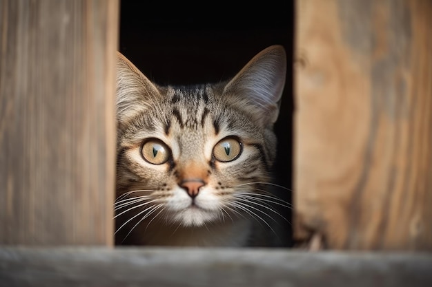 Eine Katze schaut aus einer Holzkiste