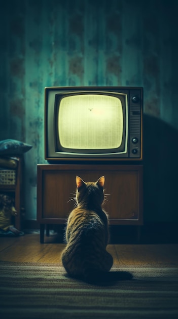 Eine Katze schaut in einem dunklen, leeren Raum fern. Generative KI