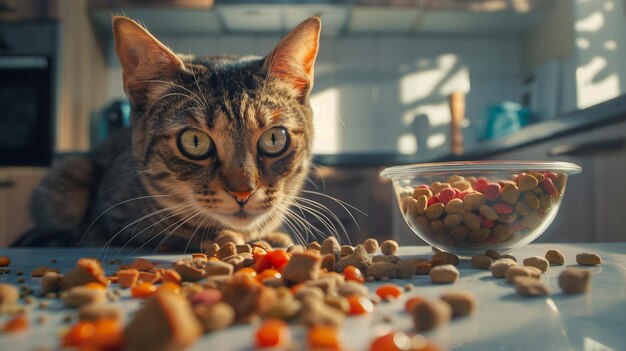 Eine Katze schaut sich eine Schüssel mit Essen an