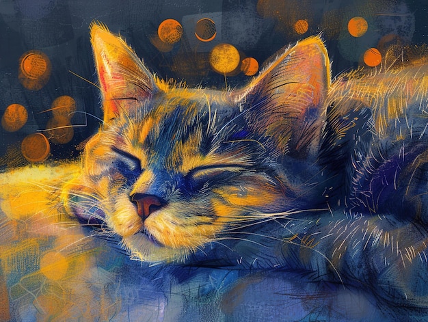 eine Katze schläft auf einer blauen Oberfläche mit den Farben der Sonne darauf