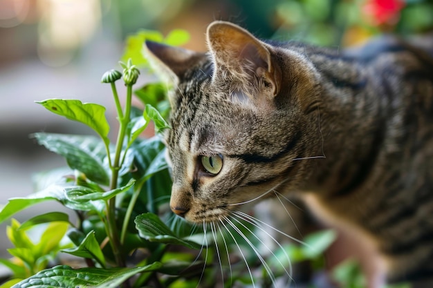 Foto eine katze schnüffelt eine pflanze im garten