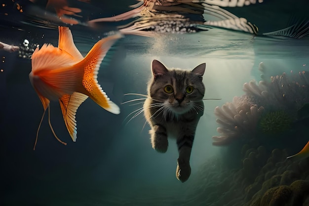 Eine Katze schwimmt unter einem Fisch