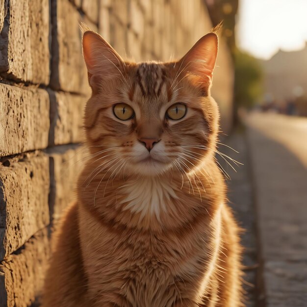 eine Katze sitzt an der Seite einer Backsteinmauer