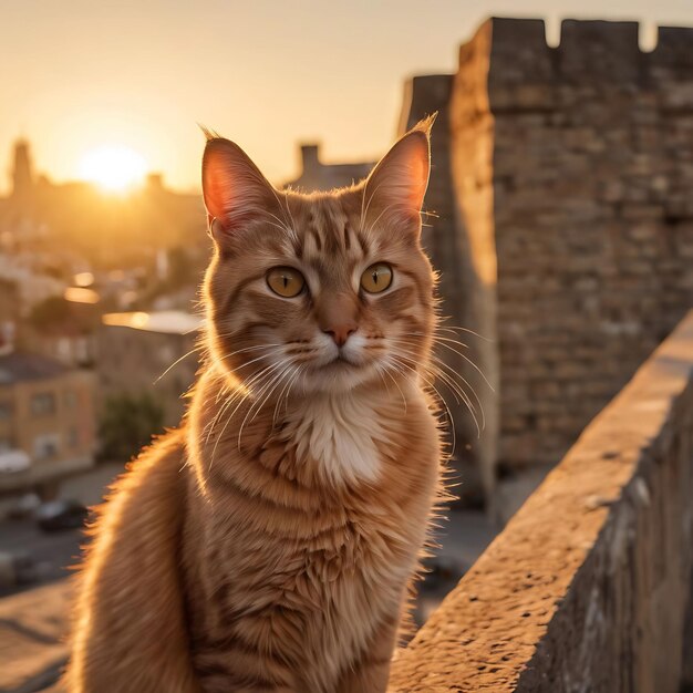 eine Katze sitzt an einer Wand und schaut in die Kamera