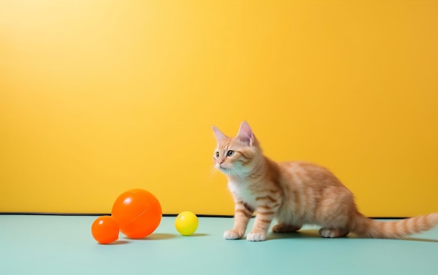 Eine Katze sitzt auf dem Boden neben einem gelben Ball.