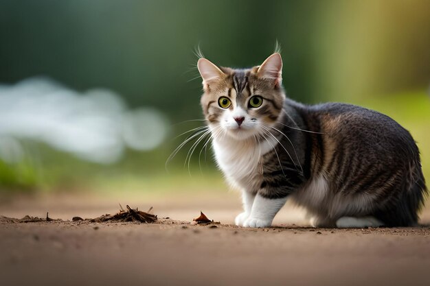 Eine Katze sitzt auf dem Boden vor einem verschwommenen Hintergrund.